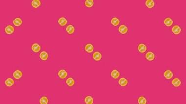 Pembe arka planda taze turuncu renkli meyve deseni. Portakal dilimli kusursuz desen. Gerçekçi animasyon. 4K video hareketi