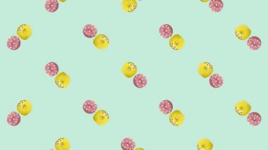 Dönen donutların rengarenk deseni. Donutla kusursuz desen. Çörekler. Üst Manzara. Gerçekçi animasyon. 4K video hareketi