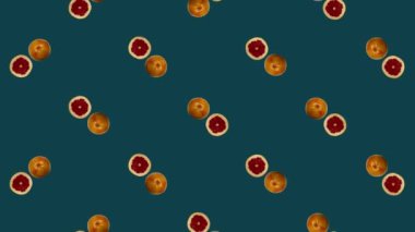 Değişen taze greyfurtlardan oluşan renkli meyve deseni. Greyfurt dilimleriyle kusursuz desen. Gerçekçi animasyon. 4K video hareketi