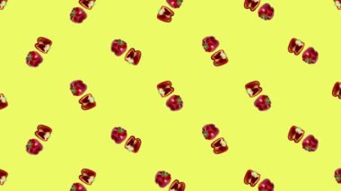 Sarı arka planda taze kırmızı biber deseni var. Üst Manzara. Paprika ile kusursuz desen. Pop sanat tasarımı. Gerçekçi animasyon. 4K video hareketi grafiği