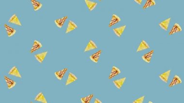 Mavi arka planda izole edilmiş renkli pizza kalıpları. Pizza dilimleriyle kusursuz desen. Üst Manzara. Gerçekçi animasyon. 4K video hareketi