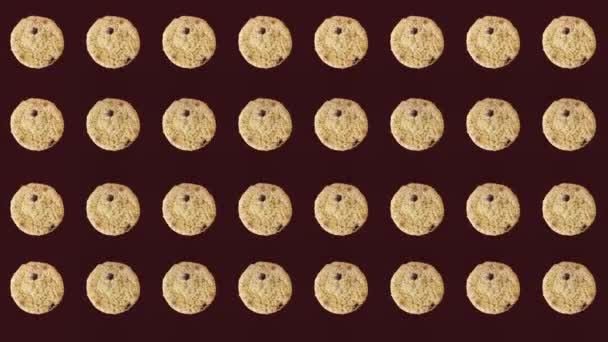 Modèle coloré de cookies aux pépites de chocolat frais sur fond sombre. Modèle sans couture avec cookie. Vue de dessus. Animation réaliste. Mouvement vidéo 4K — Video