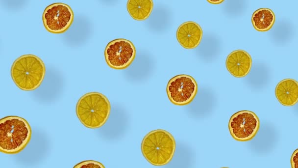 Kleurrijk patroon van gedroogde grapefruits en sinaasappelschijfjes op blauwe achtergrond met schaduwen. Naadloos patroon met gedroogde grapefruit en sinaasappelchips. Pop art ontwerp. Realistische animatie. 4K video beweging — Stockvideo