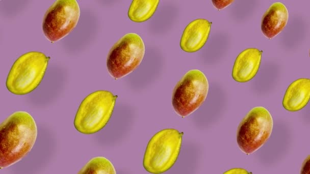 Colorful fruit pattern of fresh mango on pink background with shadows. Seamless pattern with mango. Realistic animation. 4K video motion — Vídeo de Stock