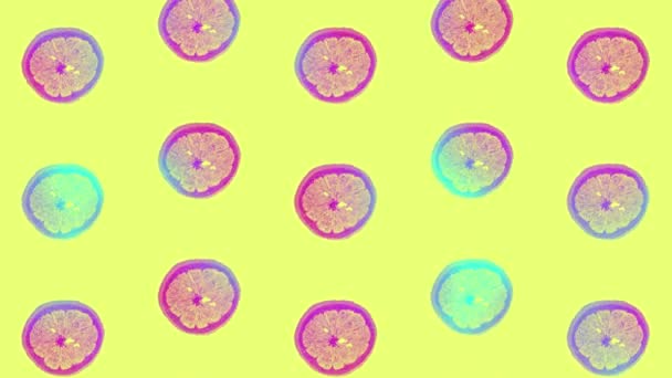 Dried grapefruits and oranges slices pattern in vibrant gradient holographic neon colors. Minimal surrealism background. Seamless pattern with dried grapefruit and orange chips. 4K video motion — Stockvideo