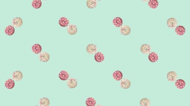 Kleurrijk patroon van roterende donuts. Naadloos patroon met donut. Donuts. Bovenaanzicht. Realistische animatie. 4K video beweging — Stockvideo