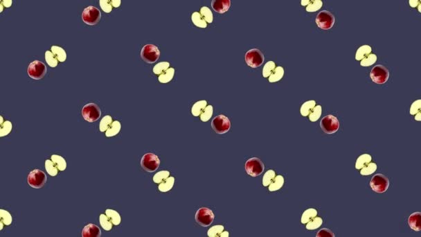 Patrón colorido de manzanas frescas giratorias. Vista superior. Patrón sin costuras con manzana. Diseño de arte pop. Animación realista. Movimiento de vídeo 4K — Vídeos de Stock