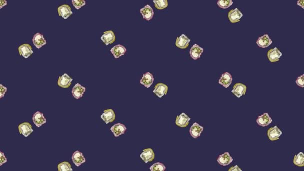 Красочный узор японских суши-роллов. Бесшовный рисунок с вращающимися суши. Вид сверху. Реалистичная анимация. 4K видео движение — стоковое видео