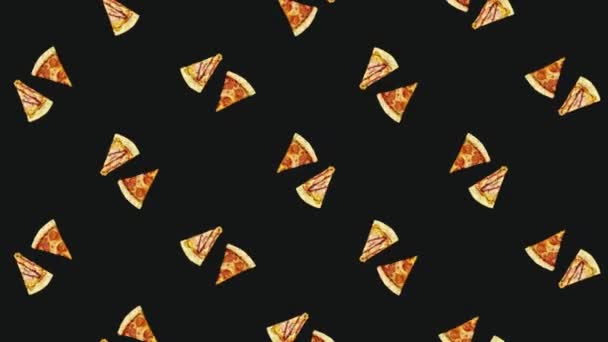 Colorful pattern of rotating pizza isolated on black background. Seamless pattern with pizza slices. Top view. Realistic animation. 4K video motion — Stock Video