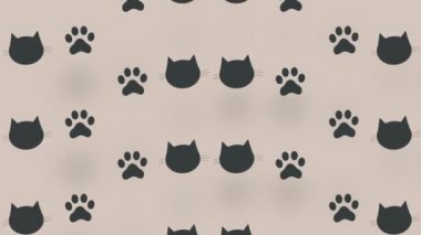 Siyah kedi başları ve pençelerinin renkli deseni. Kedi pençesi ve yüzleri olan kusursuz bir desen. Hayvan silueti. 4K video hareketi