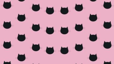Pembe arka planda siyah kedi kafalarının renkli deseni. Kedi yüzlü kusursuz desen. Üst Manzara. Köpek, kedi ayak izi geçmişi. 4K video hareketi