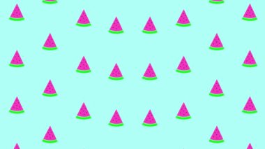 Mavi arka planda renkli karpuz dilimleri. Karpuz dilimleriyle kusursuz desen. Üst Manzara. Yaz kavramı. 4K video hareketi