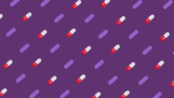 Kleurrijk patroon van pillen op violette achtergrond. Naadloos patroon met capsules. Medisch, farmaceutisch en gezondheidsconcept. Een close-up. 4K video beweging — Stockvideo