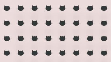 Pembe arka planda siyah kedi kafalarının renkli deseni. Kedi yüzlü kusursuz desen. Üst Manzara. Hayvan silueti. 4K video hareketi
