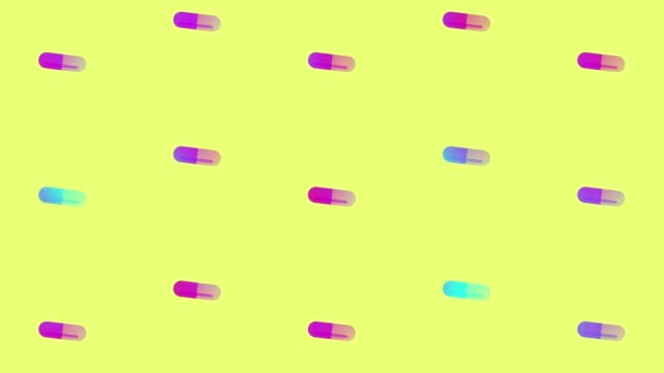 Medische capsules patroon in levendige gradiënt holografische neon kleuren. Minimale surrealistische achtergrond. Naadloos patroon met pillen. Medisch, farmaceutisch en gezondheidsconcept. 4K video beweging — Stockvideo