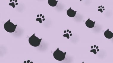 Siyah kedi kafalarının renkli deseni ve mor arka planda gölgeli pençeleri. Kedi pençesi ve yüzleri olan kusursuz bir desen. Hayvan silueti. 4K video hareketi