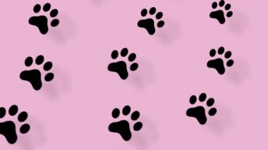 Pembe arka planda gölgeli kedi patilerinin renkli deseni. Kedi patisiyle kusursuz desen. Üst Manzara. Köpek, kedi ayak izi geçmişi. 4K video hareketi