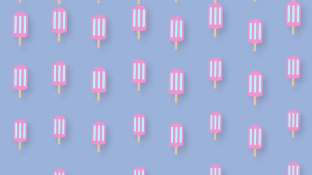 Colorful pattern of popsicles on pastel blue background with shadows. Seamless pattern with ice cream. Top view. Summer concept. 4K video motion — Stock Video