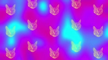 Kediler canlı gradyan holografik neon renkler üzerinde kafa desenleri oluştururlar. Sanat kavramı. Asgari sürrealizm geçmişi. Kedi yüzlü kusursuz desen. Gerçekçi animasyon. 4K video hareketi