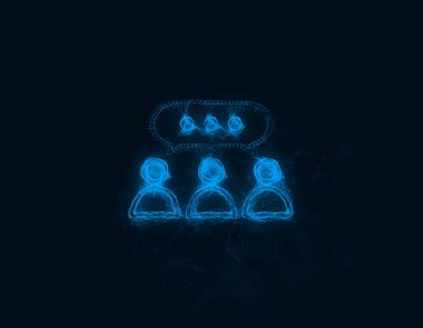 Pleksus etkisi olan balon konuşma ikonu olan insanlar grubu. Noktalarla birleştirilmiş çizgiler. Görüntü