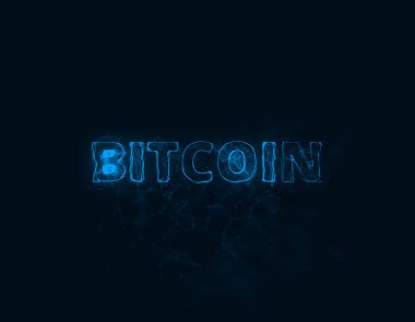 Pleksus etkisi olan bitcoin başlığı. Noktalarla birleştirilmiş çizgiler. Satır başlığı plexus