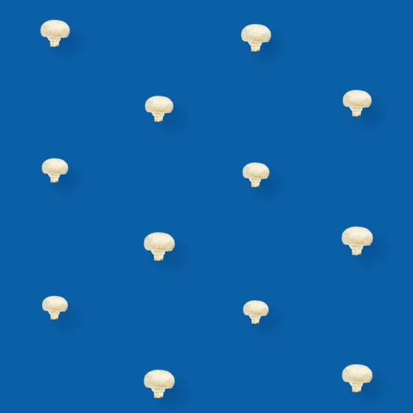 Padrão colorido de cogumelos frescos no fundo azul. Champignon. Vista superior. Deitado. Pop art design — Fotografia de Stock