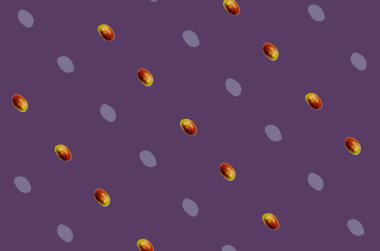 Menekşe arkaplanda taze mango renkli meyve deseni. Üst Manzara. Düz yatıyordu. Pop sanat tasarımı