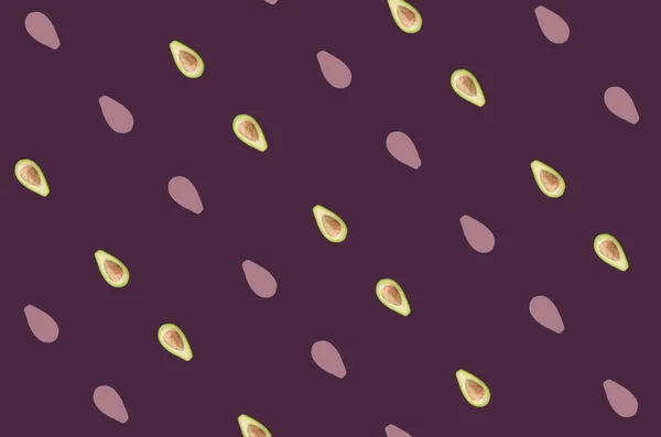 Buntes Muster frischer Avocados auf dunkelviolettem Hintergrund. Ansicht von oben. Flach lag er. Pop-Art-Design — Stockfoto