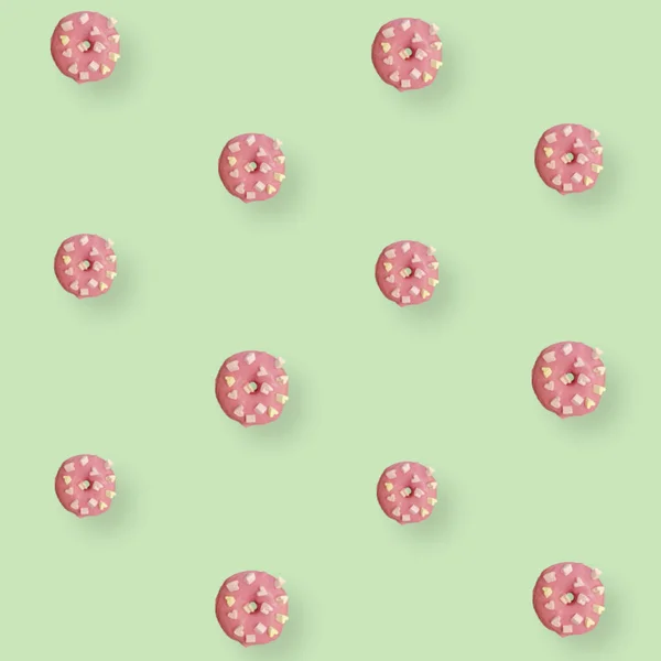 Colorful pattern of pink glazed donuts isolated on light green background. Doughnuts. Top view. Flat lay — Stock Photo, Image