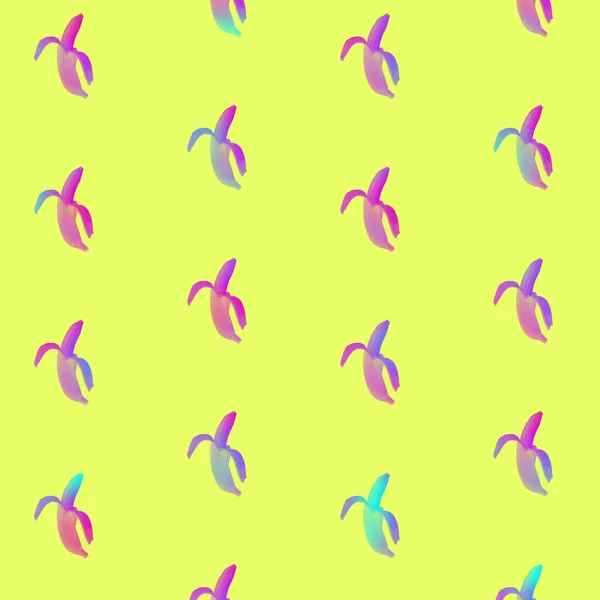 Wzór bananów w żywych holograficznych kolorach neonów gradientowych. Sztuka koncepcyjna. Minimalne tło surrealizmu — Zdjęcie stockowe