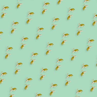 Açık yeşil arka planda sarı muzların renkli meyve desenleri. Üst Manzara. Düz yatıyordu. Pop sanat tasarımı