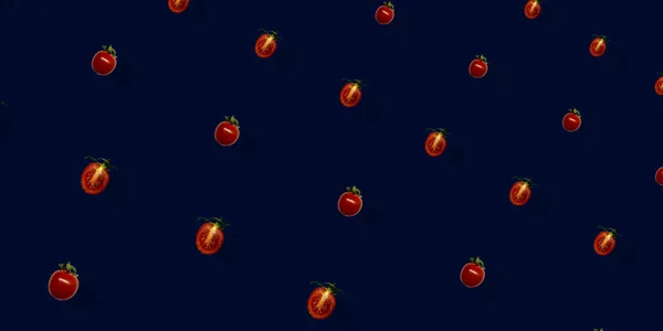 Buntes Muster frischer roter Tomaten auf dunkelblauem Hintergrund. Ansicht von oben. Flach lag er. Pop-Art-Design — Stockfoto