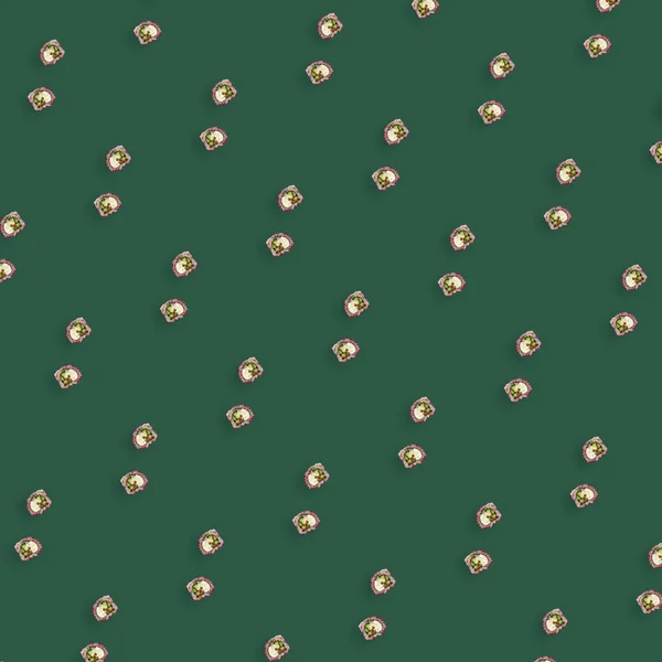 Patrón colorido de rollos de sushi japonés sobre fondo verde. Vista superior. Acostado. Diseño de arte pop —  Fotos de Stock