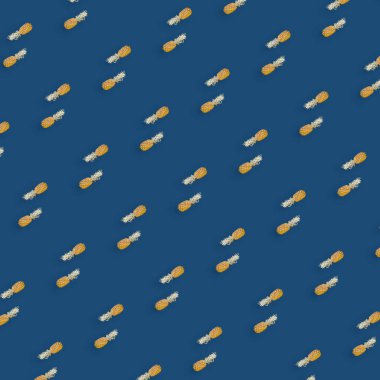 Mavi arka planda renkli ananas deseni. Üst Manzara. Düz yatıyordu. Pop sanat tasarımı