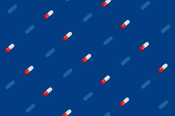 Πολύχρωμο μοτίβο των χαπιών σε μπλε φόντο. Χωρίς ραφή μοτίβο με κάψουλες. Ιατρική, φαρμακευτική και υγειονομική περίθαλψη έννοια — Φωτογραφία Αρχείου