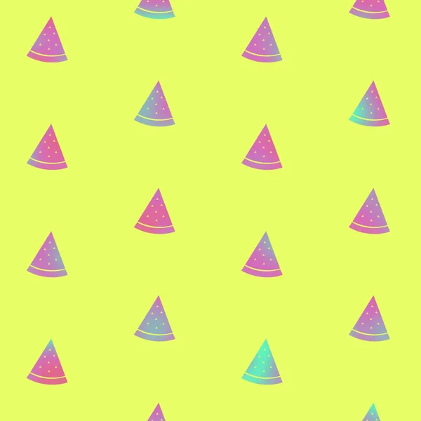 Padrão de fatias de melancia em cores de néon holográfico gradiente vibrante. Arte conceitual. Fundo de surrealismo mínimo. Padrão sem costura com fatias de melancia. Vista superior — Fotografia de Stock