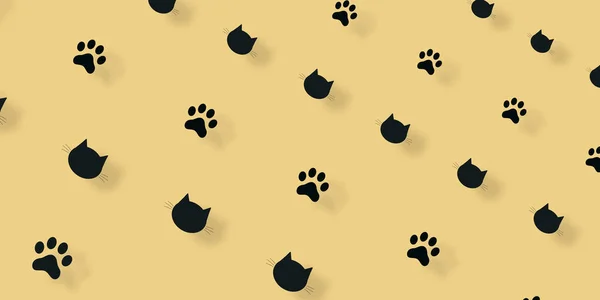 Buntes Muster schwarzer Katzenköpfe und Pfoten auf orangefarbenem Hintergrund. Nahtloses Muster mit Katzenpfote und Katzengesicht — Stockfoto