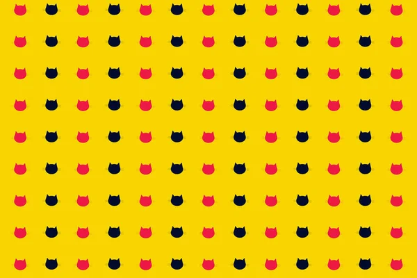 Colorful pattern of black and pink cat heads on yellow background. Seamless pattern with cat faces. Top view — Stock Photo, Image