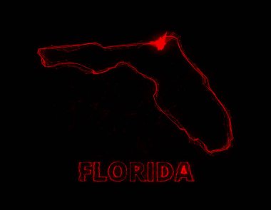 Plexus düz haritası, Amerika Birleşik Devletleri 'nden Florida eyaletini siyah arka planda gösteriyor. ABD. Florida Plexus haritası