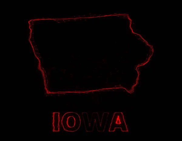 Плоская карта плекса показывает штат Айова из Соединенных Штатов Америки на черном фоне. США. Плексусная карта Айовы — стоковое фото