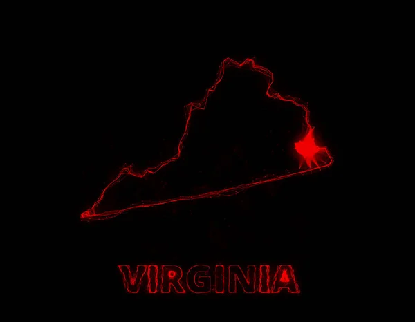 Plexus-flache Landkarte, die den Bundesstaat Virginia aus den Vereinigten Staaten von Amerika auf schwarzem Hintergrund zeigt. USA. Plexuskarte von Virginia — Stockfoto
