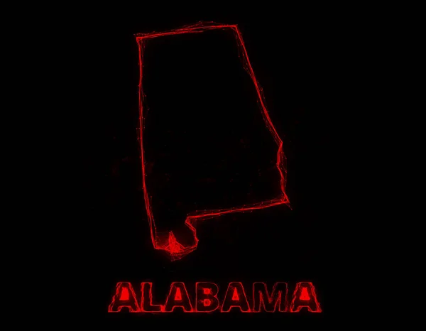 Splot płaska mapa ukazująca stan Alabama ze Stanów Zjednoczonych Ameryki na czarnym tle. Stany Zjednoczone. Mapa splotu Alabamy — Zdjęcie stockowe
