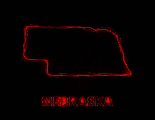 Plexus-flache Landkarte, die den Bundesstaat Nebraska aus den Vereinigten Staaten von Amerika auf schwarzem Hintergrund zeigt. USA. Plexuskarte von Nebraska — Stockfoto