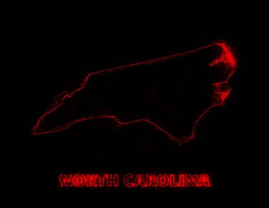 Plexus düz haritası siyah arka planda Amerika Birleşik Devletleri 'nden Kuzey Carolina eyaletini gösteriyor. ABD. Kuzey Carolina Plexus haritası