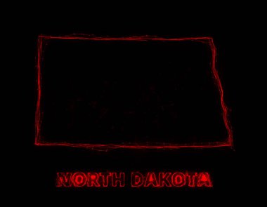 Plexus düz haritası siyah arka planda Amerika Birleşik Devletleri 'nden Kuzey Dakota eyaletini gösteriyor. ABD. Kuzey Dakota Plexus haritası