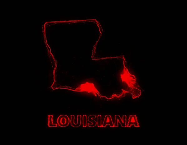 Plexus plochá mapa zobrazující stav Louisiana ze Spojených států amerických na černém pozadí. USA. Plexusová mapa Louisiany — Stock fotografie