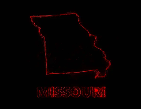 Plexus plochá mapa zobrazující stav Missouri ze Spojených států amerických na černém pozadí. USA. Plexusová mapa Missouri — Stock fotografie