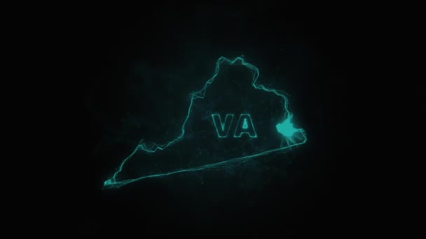 Plexus lapos térkép mutatja be Virginia államot az Amerikai Egyesült Államokból, fekete alapon. Egyesült Államok. Virginia térképe Plexus — Stock videók