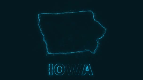 Splot płaska mapa pokazująca stan Iowa ze Stanów Zjednoczonych Ameryki na czarnym tle. Stany Zjednoczone. Mapa splotu w Iowa — Wideo stockowe