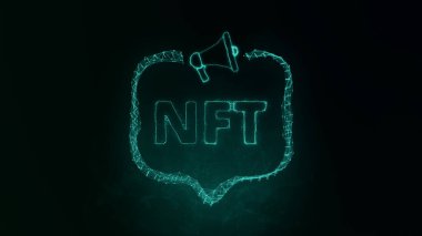 Konuşma balonu ve metin nft ile megafon pankartı. Pleksus stili parlayan yeşil noktalar ve çizgiler. Soyut resimleme